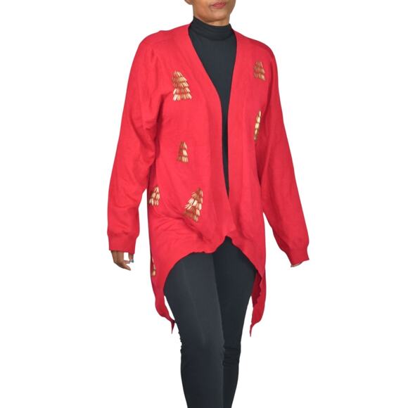 Michael Simon Cardigan Sweater Red Duster Beaded Christmas Asymmetric Plus 1X - Picture 13 of 15